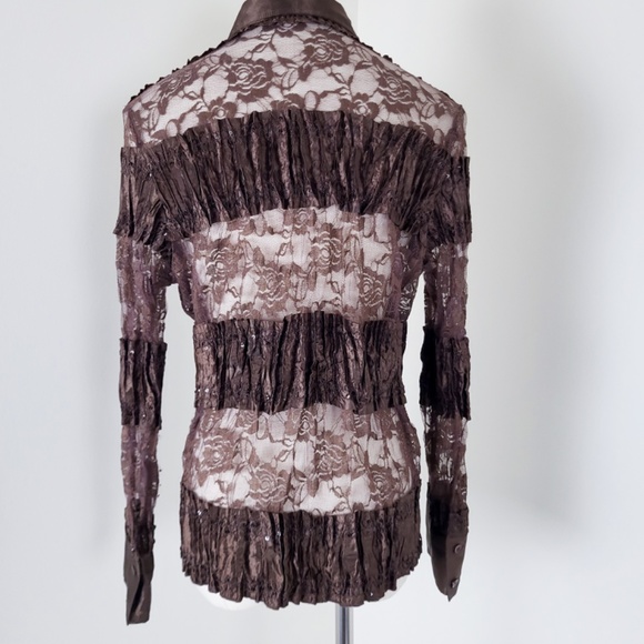 Lace long sleeve blouse button down sheer satin patchwork crinkle - Picture 10 of 14